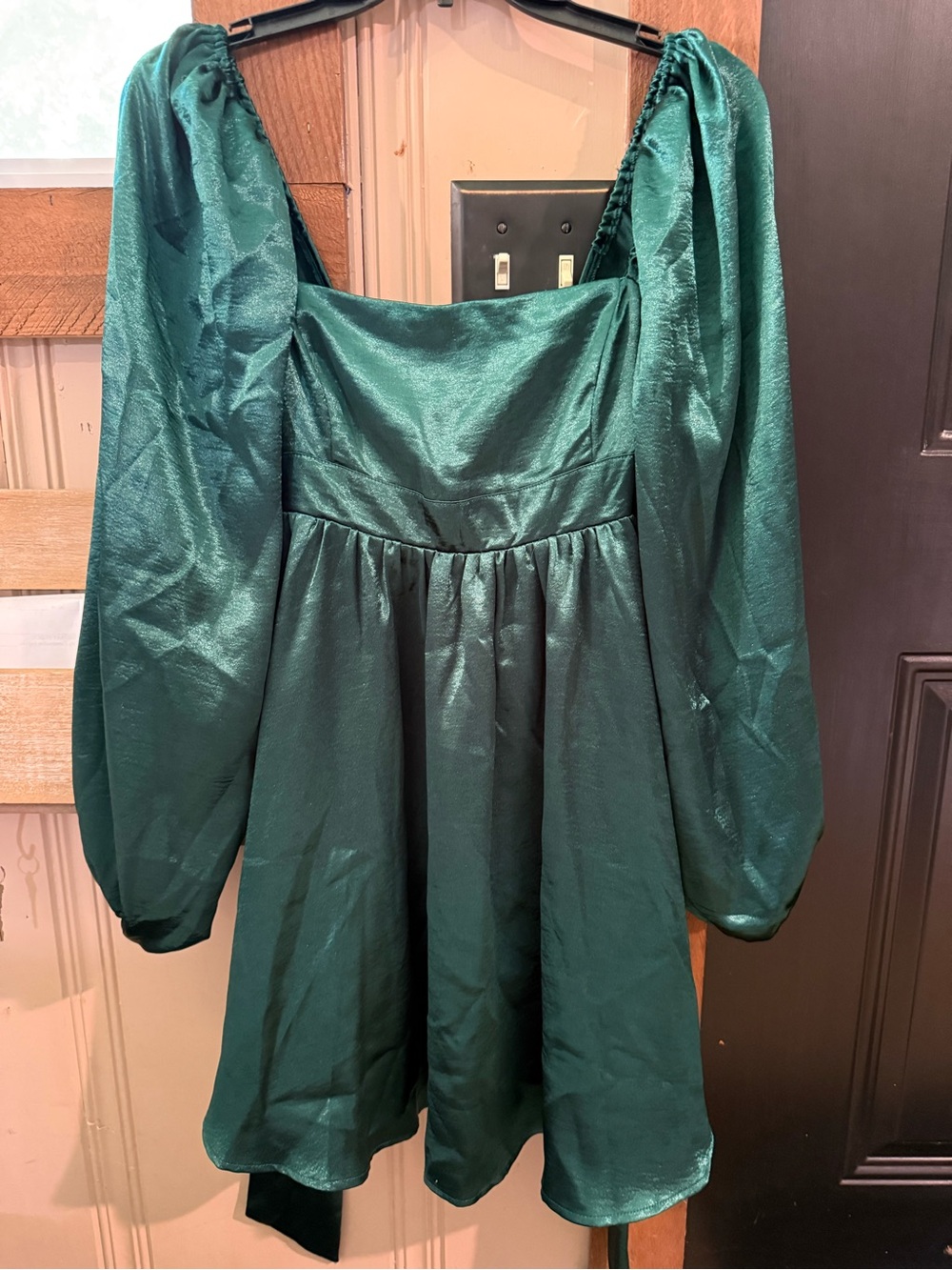 Altar'd State Shimmering Emerald Green Puff-Sleeve Mini Dress